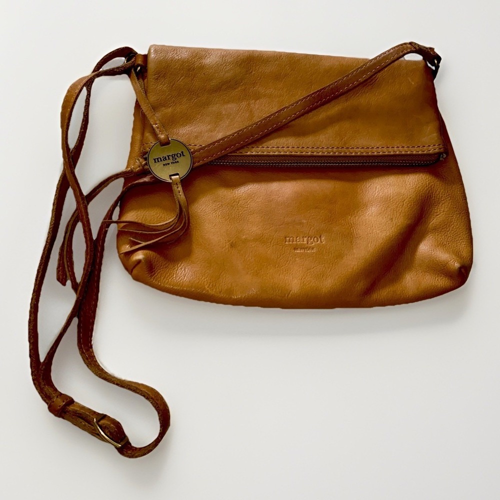 Margot New York Robbie Foldover in Cognac Crossbody Handbag Purse Bag Leather